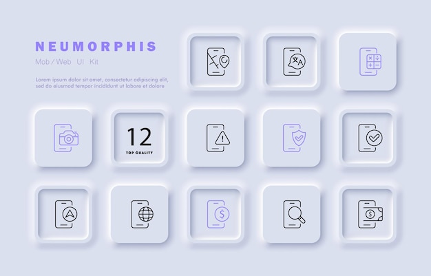 電話機能セット アイコン ポインター翻訳電卓カメラ保護ナビゲーション ウェブサイト ネットワーク検索支払いネオモーフィズム スタイル ビジネスと広告のベクトル線アイコン