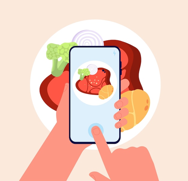 Phone food photo Taking mobile photos hands hold smartphone and doing dish picture Cartoon photography culinary blogging utter vector concept