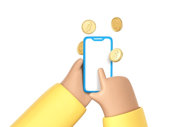 Phone in hand and gold coins online payment money transfer on smartphone cashback and banking