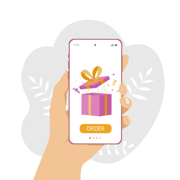 손에 있는 전화 모바일 앱 플랫 벡터 그림의 온라인 쇼핑 개념