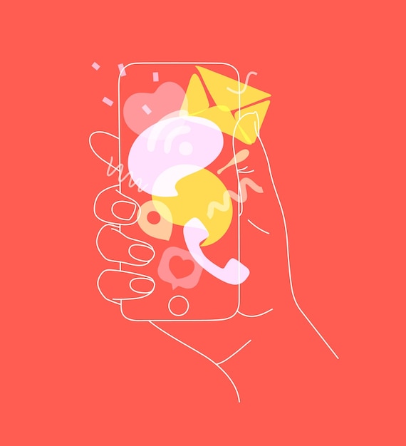 Phone in hand with colorful multitasking symbols drawing thin lines on coral background