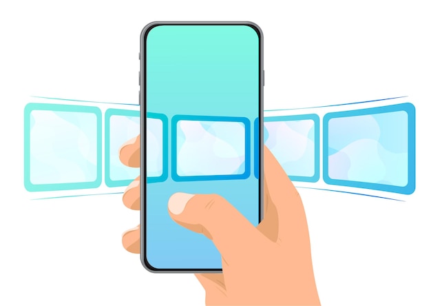 Vector phone in hand with the image of abstract photo scroll select a photo on your phone live photos