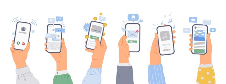 Vector スマートフォンアプリを使用する人ソーシャルメディアとタッチスクリーンを手でスクロールする人