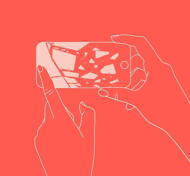Телефон в двух руках с разбитым стеклом, рисующим тонкие линии на коралловом фоне