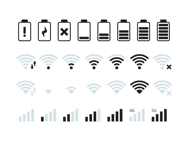 Phone interface bar. mobile network wifi 5g signal battery status symbols  collection.