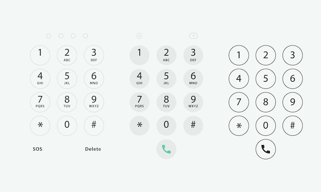 電話のキーパッド。タッチスクリーンデバイスのキーボードテンプレート。電話用の数字と文字を備えたユーザーキーパッド。スマートフォン用インターフェースキーパッド。