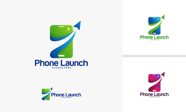 Phone launch logo designs vector, mobile rocket logo template