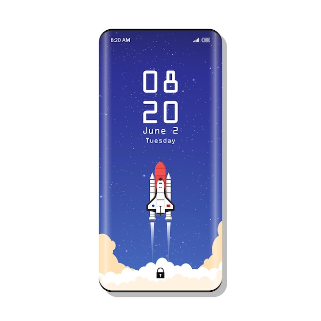 Phone lock screen with interface elements. realistic high detailed rocket launch