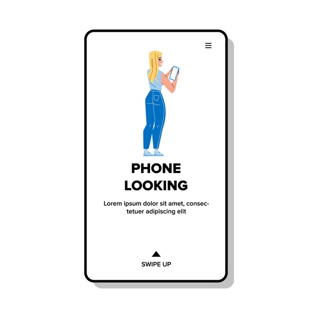 In Phone Looking Information Young Woman Vector Girl User In Phone Looking Info In Cyberspace Or Direction On Digital Map Character Lady Use Electronic Gadget Web Flat Cartoon Illustration