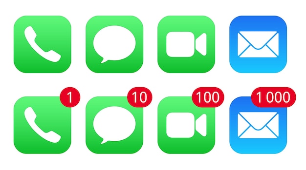 Phone Messages Facetime and Mail icons with new message notifications One ten hundred and thousand