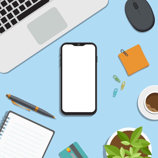 Vector phone mockup with pen, laptop and coffee on the desktop. vector illustration top view. home and home office concept. laptop, smartphone coffee cup, notepad with pens and pencils on the table