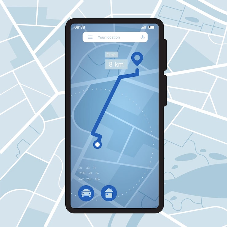 Vector phone navigator map smartphone gps application with city map location tracking and route navigation ui vector mobile device with mapping software