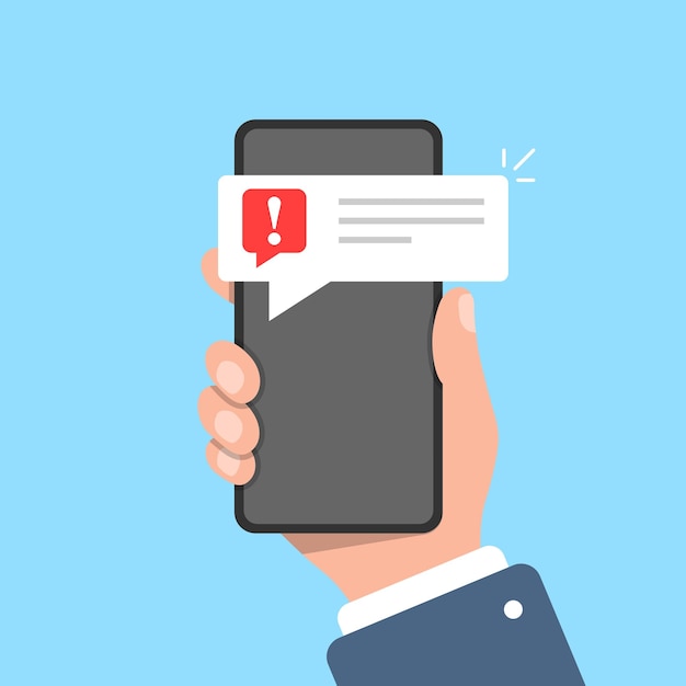 Icona delle notifiche del telefono in stile piatto smartphone con punto esclamativo in mano illustrazione vettoriale su sfondo isolato concetto di business del segno del messaggio di spam