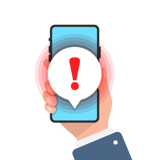 Phone notifications icon in flat style Smartphone with exclamation point in hand vector illustration on isolated background Spam message sign business concept