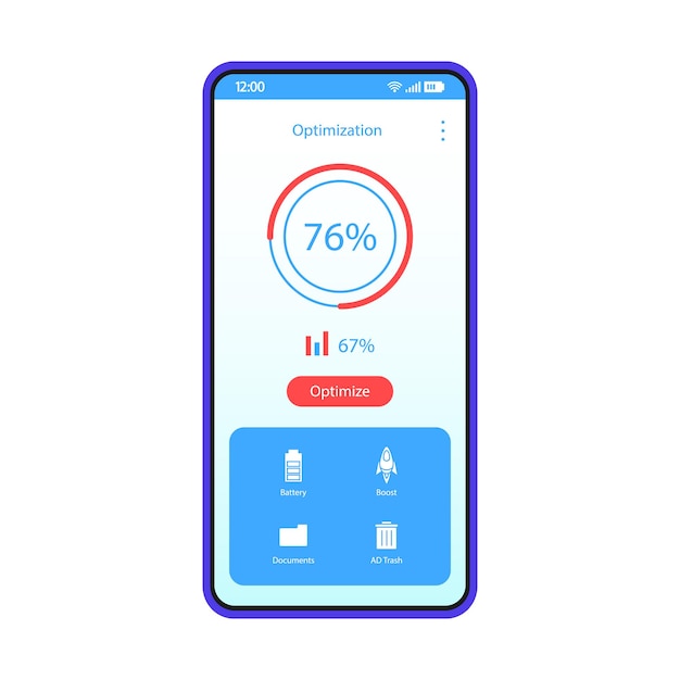 Vector phone optimizer, cleaner interface vector template. mobile optimization app page blue design layout. booster application screen. flat ui. battery boosting, trash deleting options on smartphone display