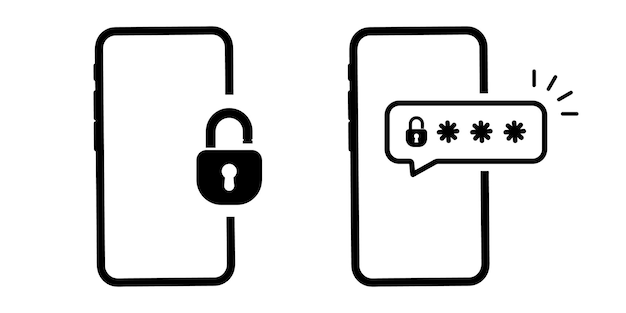 Vettore parola di telefono icona protetta da password telefono con inserimento di codice di password verifica autorizzazione di sicurezza autenticazione in due passaggi bottone di notifica e inserimento di un codice sullo schermo