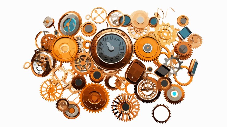 Vector phone ring gearwheels collage machinery concept for technology industry