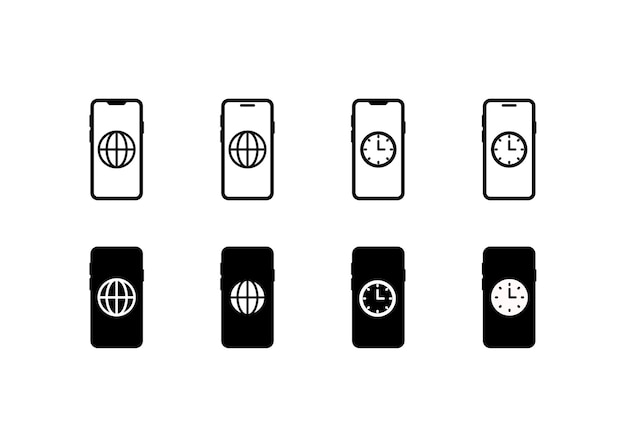 행성 및 시계 아이콘을 가진 전화 화면 선형 전화 스크린 모 행성 네트워크 및 벽시계 아이콘 터 아이콘