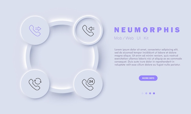 전화 설정 아이콘 7 탐색 메일 통신 Sms 알람 시계에 전화 송수화기 24 전화 미래 개념 Neomorphism 스타일 비즈니스 및 광고에 대 한 벡터 라인 아이콘을 놓친