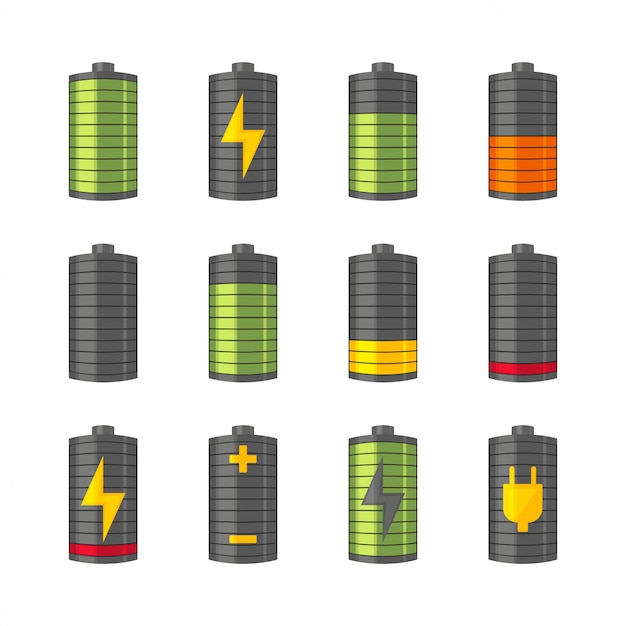 Icone della batteria del telefono o dello smartphone con varie cariche da completamente carica a scarica. isolato sullo sfondo bianco. illustrazione.