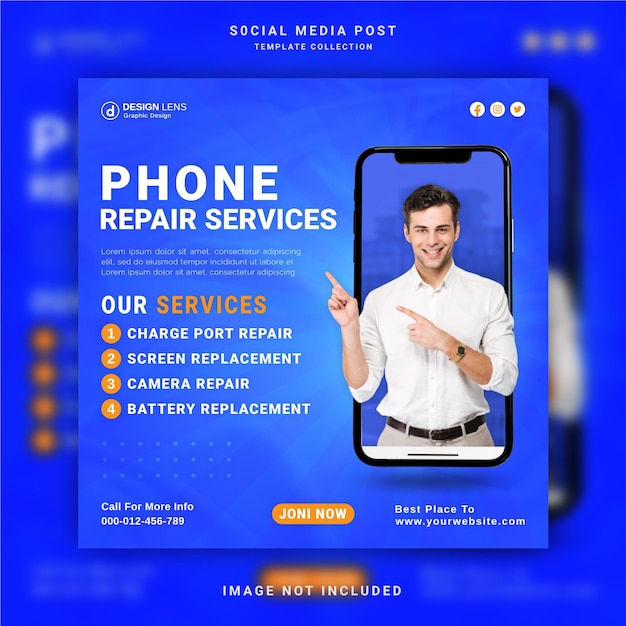 Vettore telefono social media ad concept miglior servizio di riparazione instagram post template