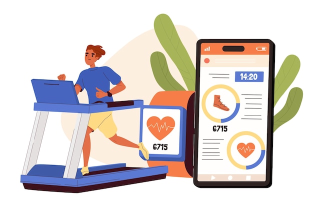 電話スポーツアプリケーションのコンセプト男性は、心拍数をカウントするスマートウォッチを使ってトレッドミルで走り、