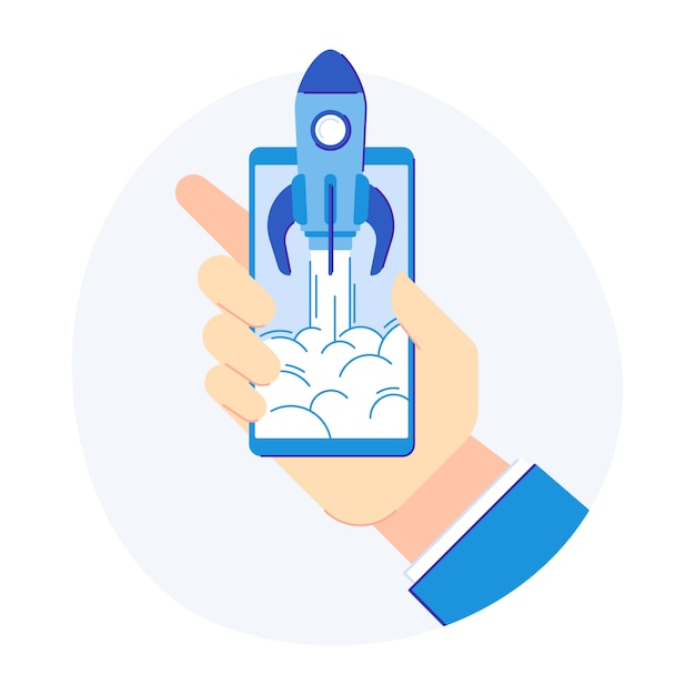 Phone startup concept. Cellphone rocketship for new product development release. Flat vector illustration