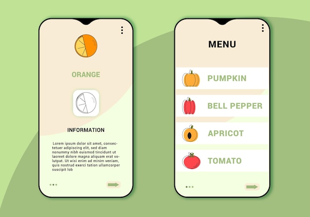 Phone template with application. vegetables and fruits.