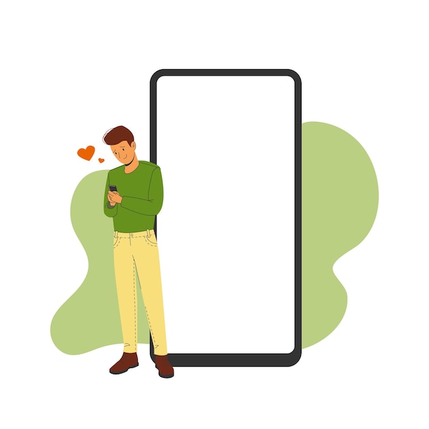 Phone template with correspondence next to a man in love Vector illustration