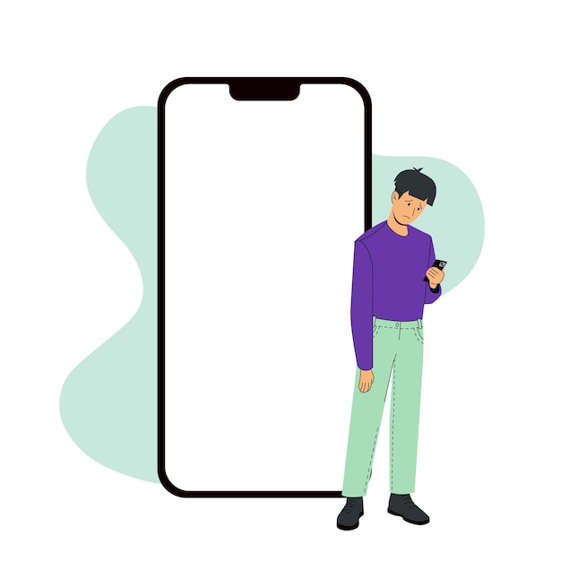 Phone template with correspondence next to a sad man vector modern