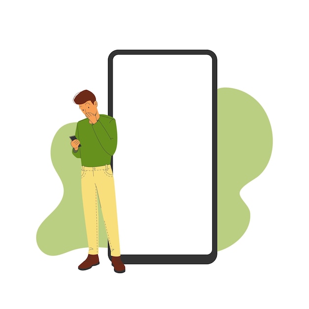 Phone template with correspondence next to a surprised man Vector illustration