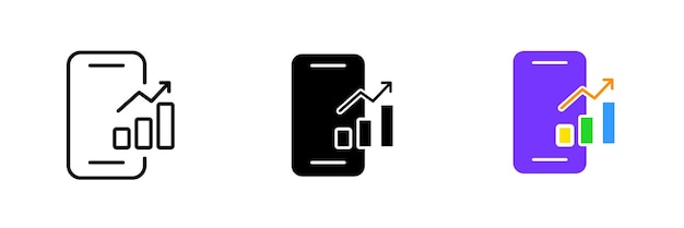 Phone with bar graph Arrow up growth robot online exchange currency money statistics data analysis Vector set icon in line black and colorful styles isolated on white background