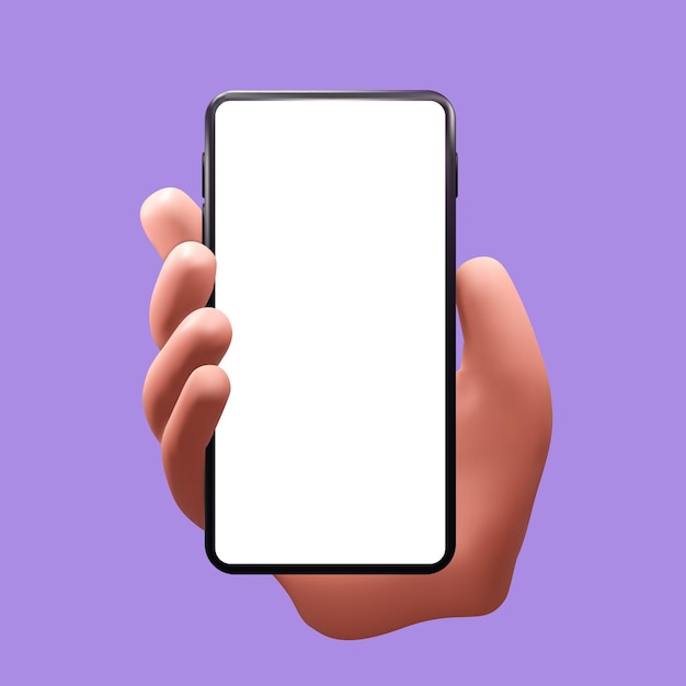 Vector phone with blank white screen in hand mockup isolated on purple background