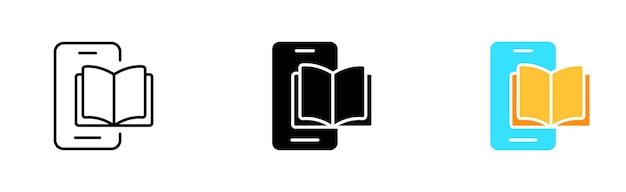 책 세트 아이콘이 있는 전화 종이 디지털 전자 오디오 다운로드 듣기 참고 책갈피 지식 개념 흰색 배경에 검정 및 화려한 스타일의 벡터 아이콘