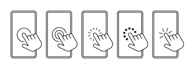 클릭 손 아이콘이 있는 전화 스마트폰 아이콘을 만지는 손 손가락 모바일 화면 기호를 클릭하는 포인터 터치스크린 핸드폰 선택 벡터 세트