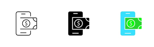 Phone with dollar bill set icon Financial literacy bank card dollar bill cash bank transfer atm transfer transaction Financial management Vector icon in line black and colorful style