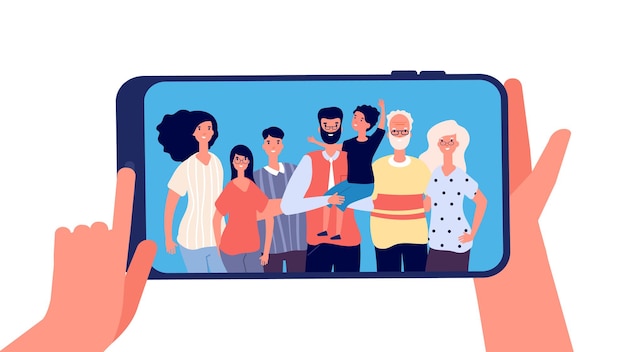 Vector phone with family photo. hands holding smartphone with happy smiling family