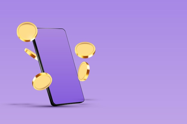 Vector phone with flying coins on purple concept background