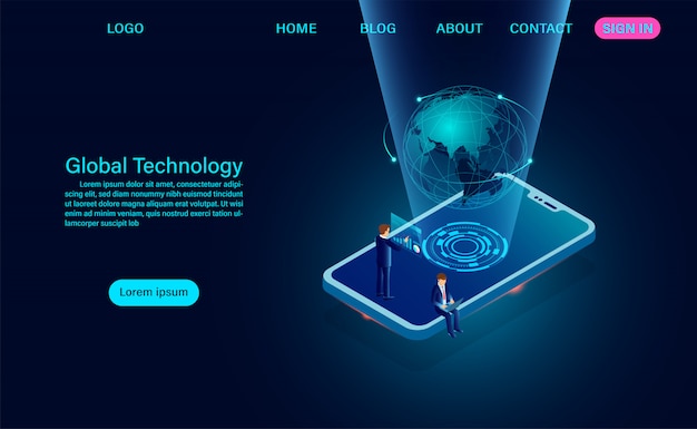 Phone with global network. internet connection and global communication concept landing page
