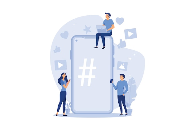 Telefono con hashtag segno persone e social network design piatto illustrazione moderna