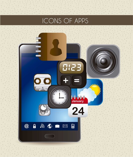 Phone with icons of apps over  texuture vector illustration