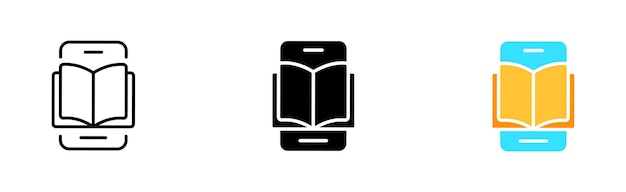 Phone with open book set icon University teacher ebook distance learning student lecture stay home Learning concept Vector icon in line black and colorful style on white background