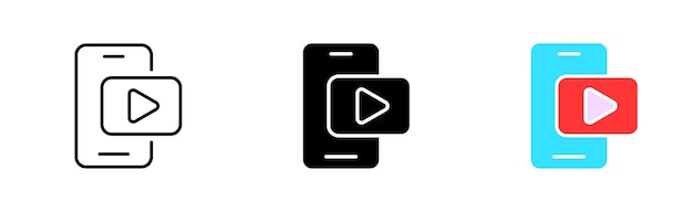비디오 라인 아이콘이 있는 전화 비디오 호스팅 영화 보기 일시 중지 볼륨 되감기 설정 전체 화면 버튼 미디어 개념 흰색 배경에 검정 및 화려한 스타일의 벡터 아이콘