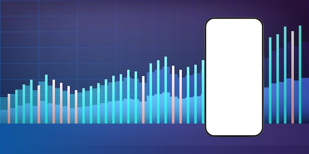 Phone with a white screen on the background of financial charts. the concept of analytics, business or trading on the financial exchange. vector.