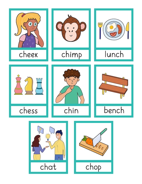 Phonics flashcards with ch spelling rule flash cards with phonics sound words and pictures