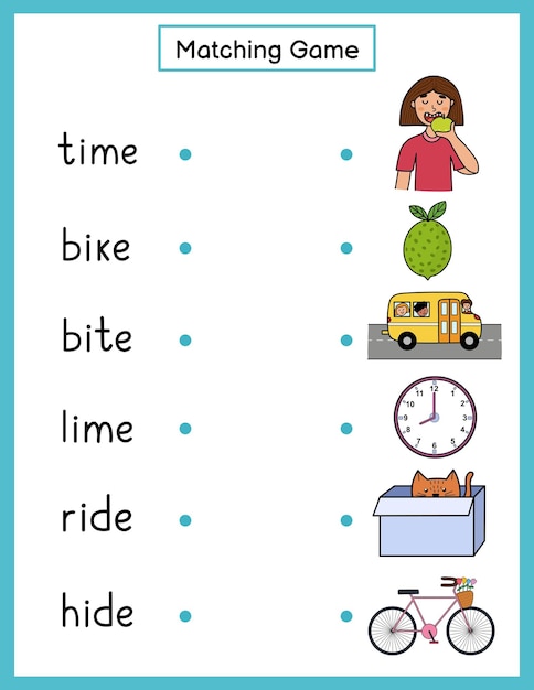 Vector phonics matching game with i-e spelling rule. match the phonics sound words with pictures activity