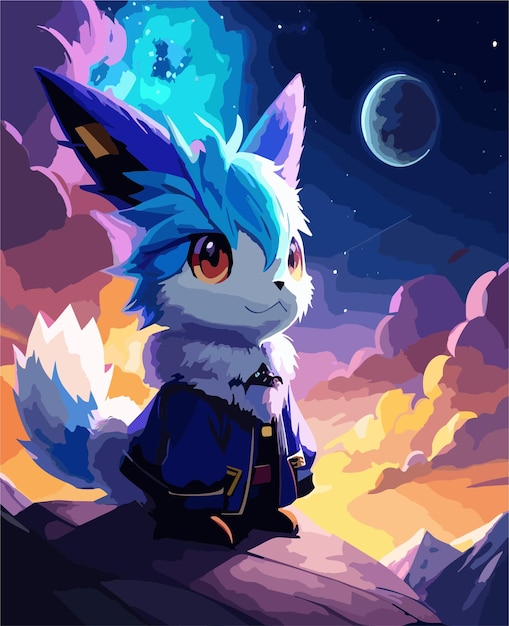 Vector photo adorable painting animal furry inspiration from pokemon with the galaxy environment white back