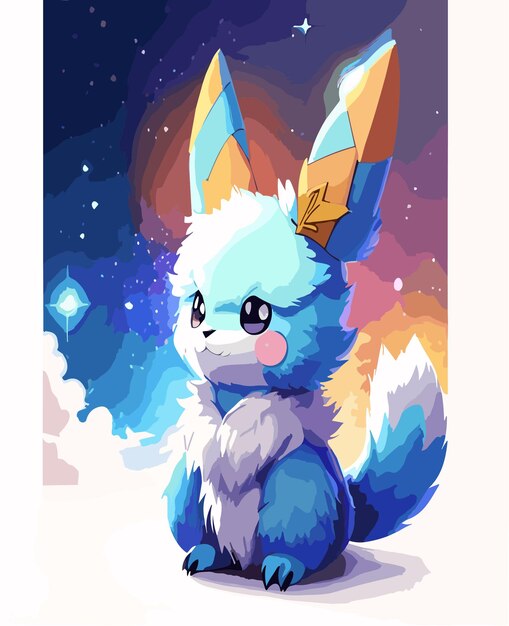 Vector photo adorable painting animal furry inspiration from pokemon with the galaxy environment white back