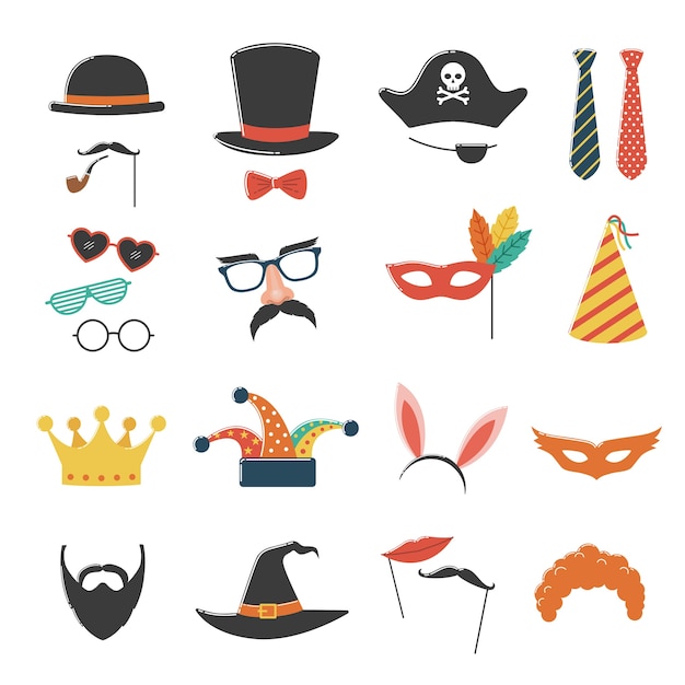 벡터 모자, 마스크, 의상, 안경 및 수염이있는 사진 부스 생일 및 파티 세트