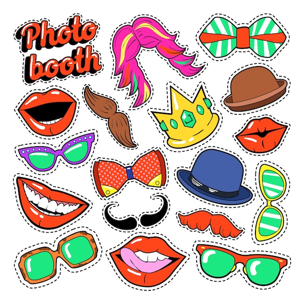 Vector photo booth party set with glasses, mustache, hats and lips for stickers and props.  doodle